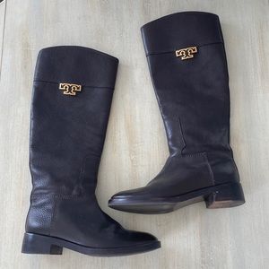 Tory Burch chocolate brown leather riding boots gold tone